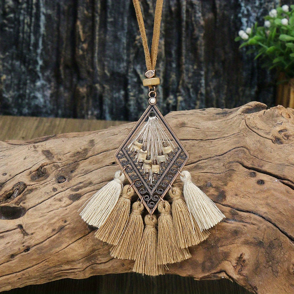 Boho-Chic 3pcs Set: Vintage-Inspired Tassel & Flower Pendant Necklaces with Rhinestone Accents - Zinc Alloy, Antique Bronze Finish for Casual Attire