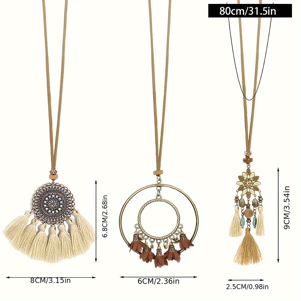 Boho-Chic 3pcs Set: Vintage-Inspired Tassel & Flower Pendant Necklaces with Rhinestone Accents - Zinc Alloy, Antique Bronze Finish for Casual Attire