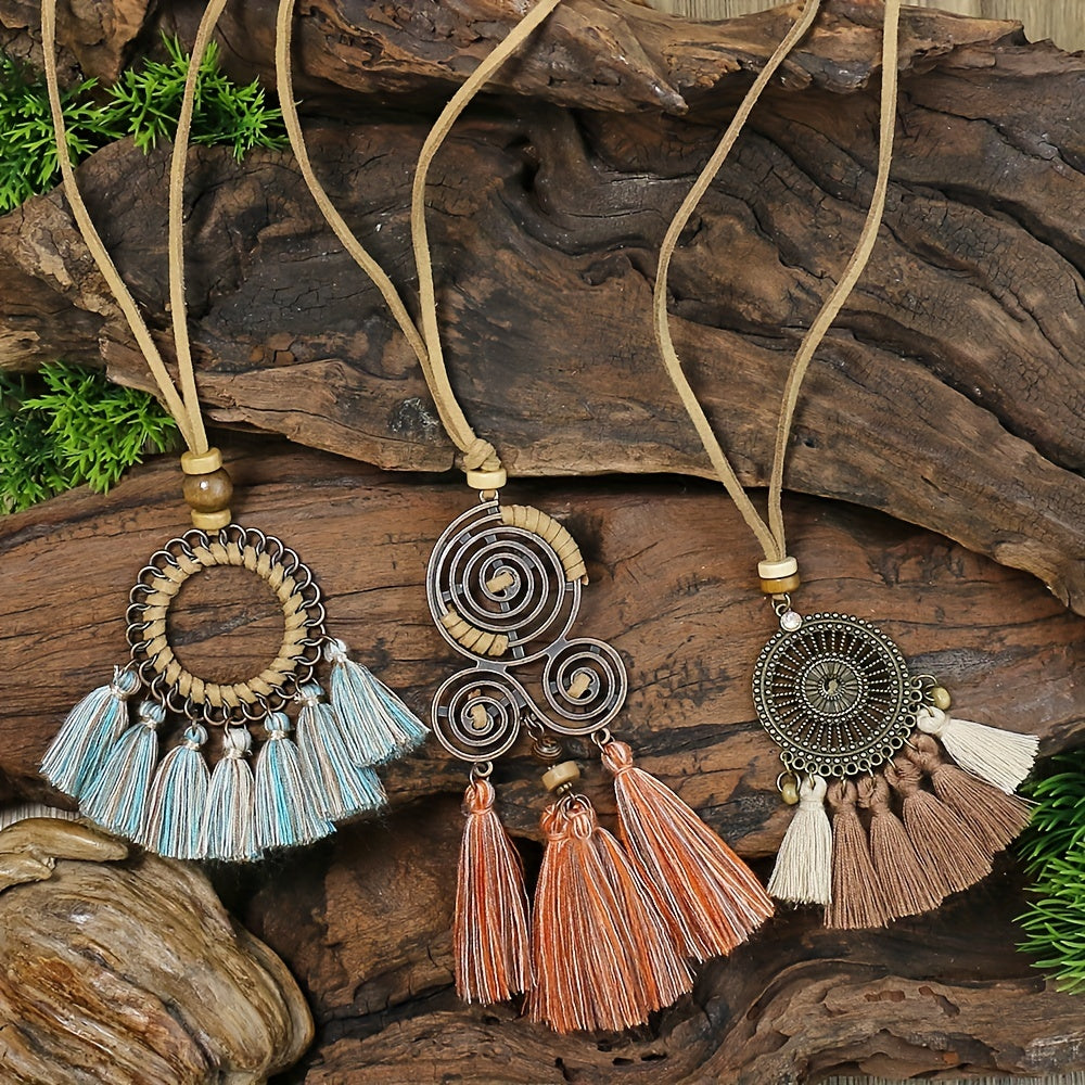 Boho-Chic 3pcs Set: Vintage-Inspired Tassel & Flower Pendant Necklaces with Rhinestone Accents - Zinc Alloy, Antique Bronze Finish for Casual Attire