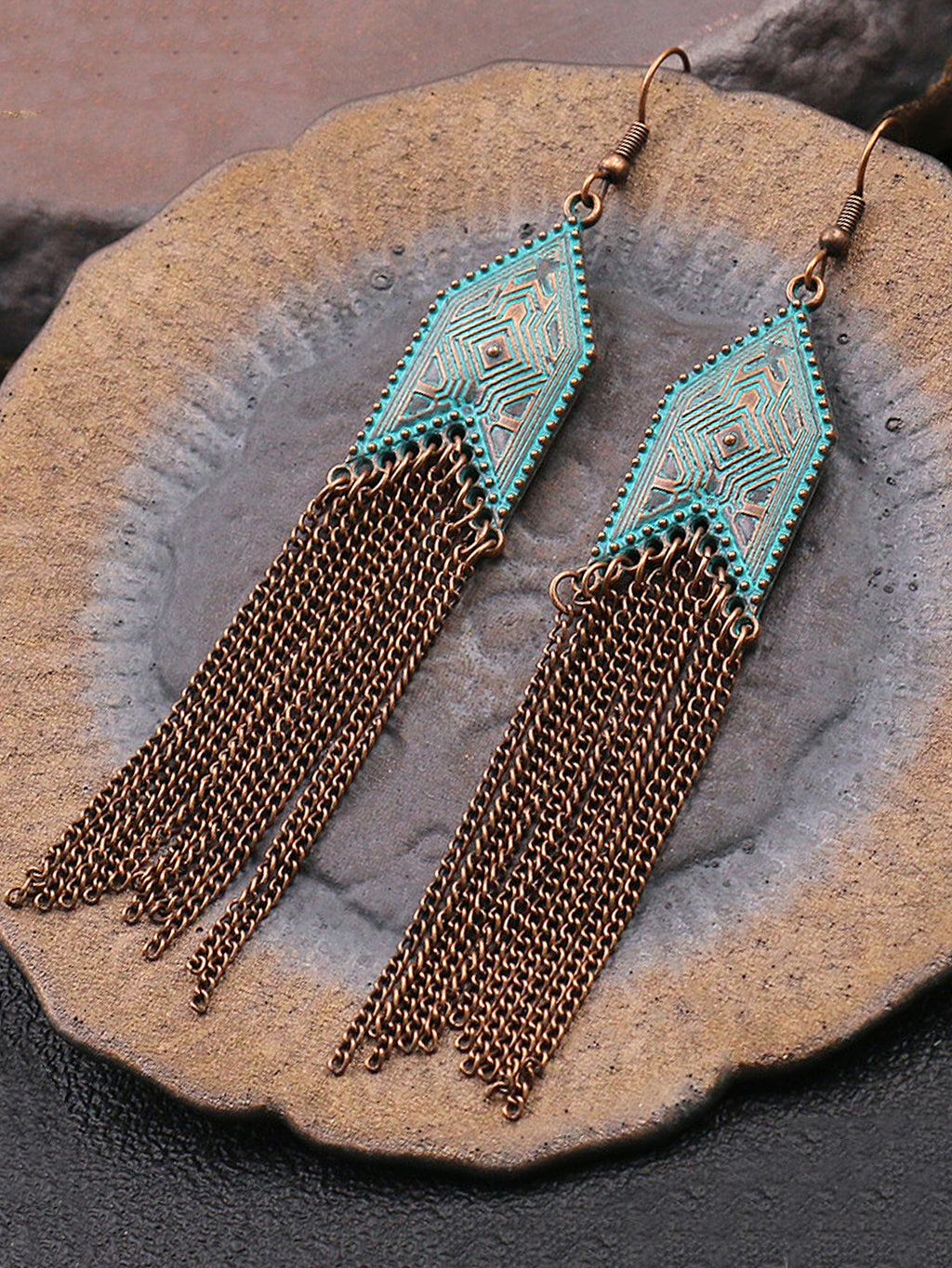 1 Pair Of Retro Style Bronze And Blue Geometric Chain Tassel Long Earrings Ethnic Style