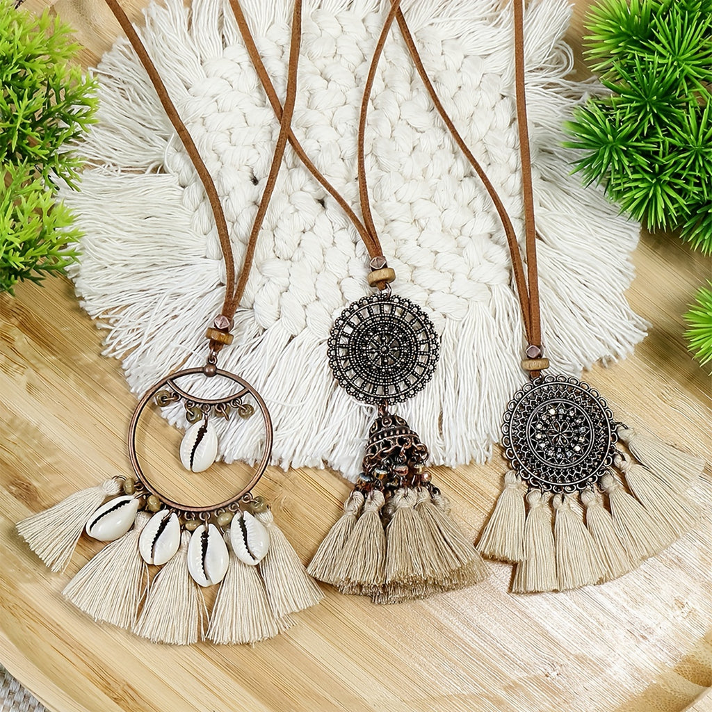Boho-Chic 3pcs Set: Vintage-Inspired Tassel & Flower Pendant Necklaces with Rhinestone Accents - Zinc Alloy, Antique Bronze Finish for Casual Attire