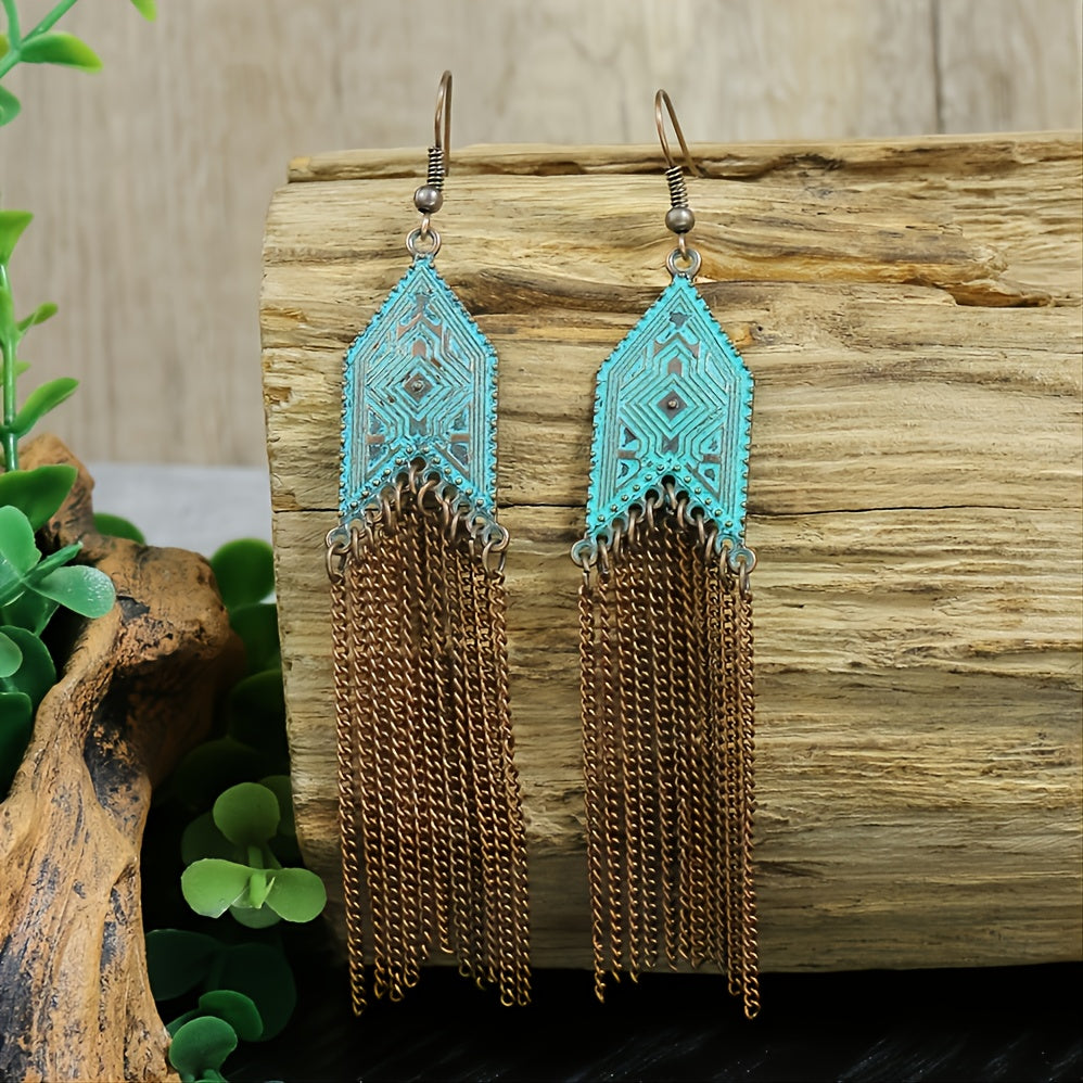1 Pair Of Retro Style Bronze And Blue Geometric Chain Tassel Long Earrings Ethnic Style
