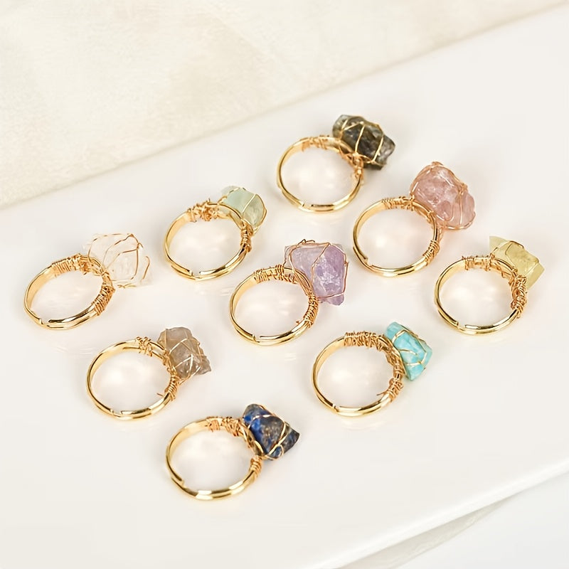 Adjustable Handcrafted Wire-Wrapped Natural Stone Ring - Unique Irregular Shape with Amethyst & Quartz, April Birthstone, Ideal for Daily Wear or Gifting, Natural Stone Beads