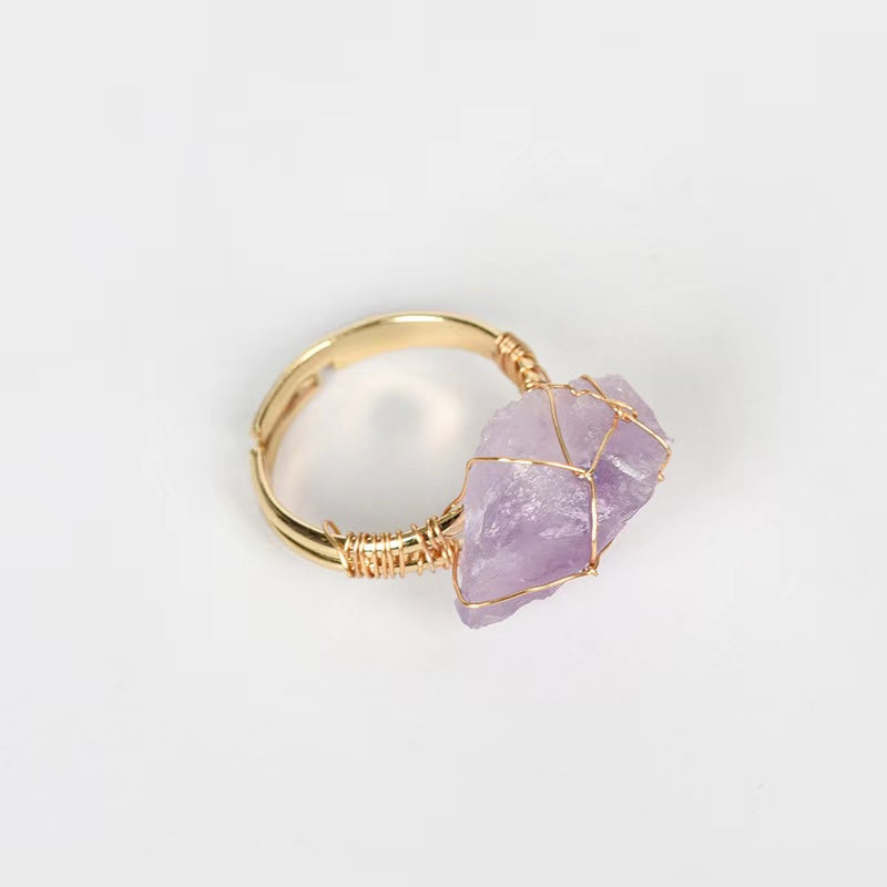 Adjustable Handcrafted Wire-Wrapped Natural Stone Ring - Unique Irregular Shape with Amethyst & Quartz, April Birthstone, Ideal for Daily Wear or Gifting, Natural Stone Beads