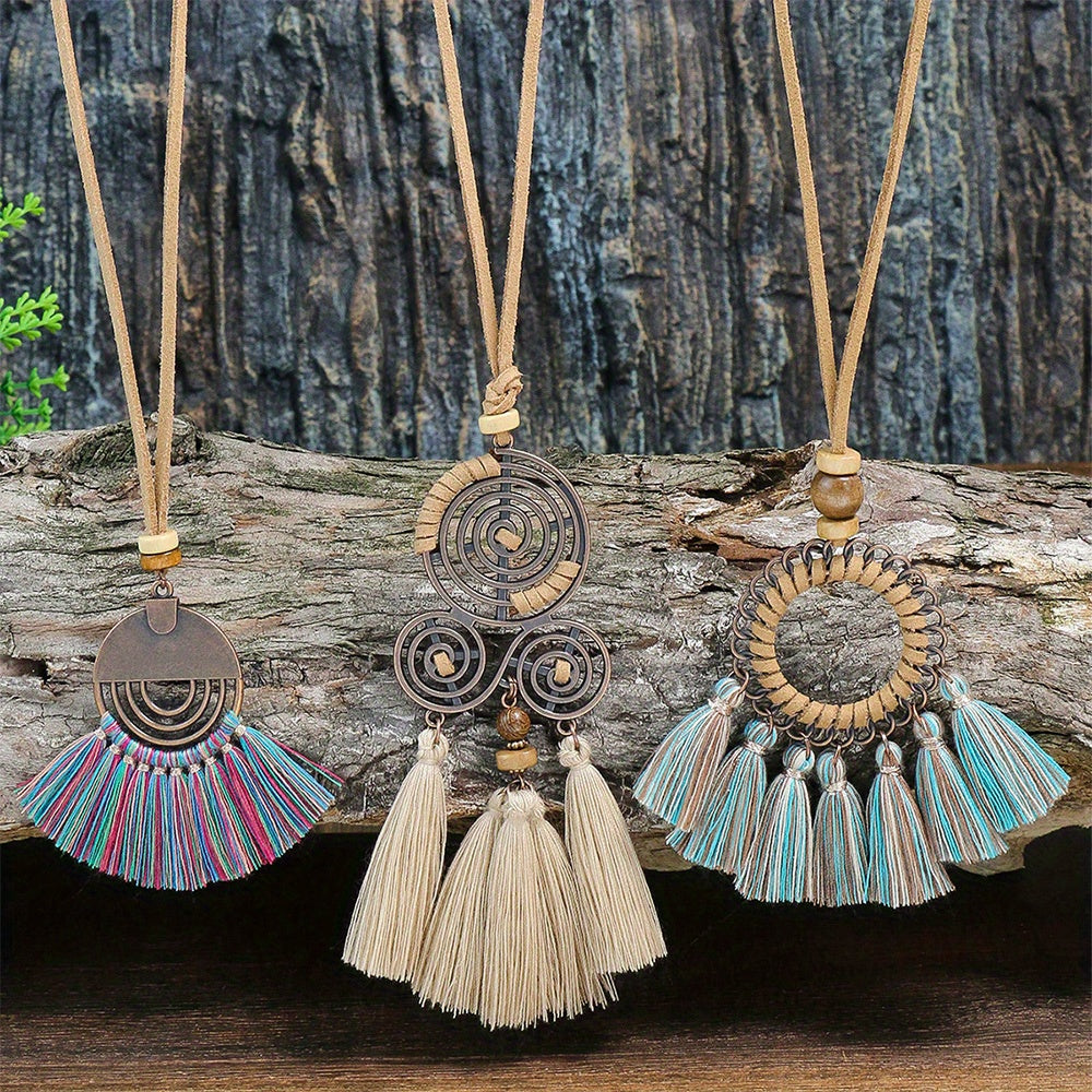 Boho-Chic 3pcs Set: Vintage-Inspired Tassel & Flower Pendant Necklaces with Rhinestone Accents - Zinc Alloy, Antique Bronze Finish for Casual Attire